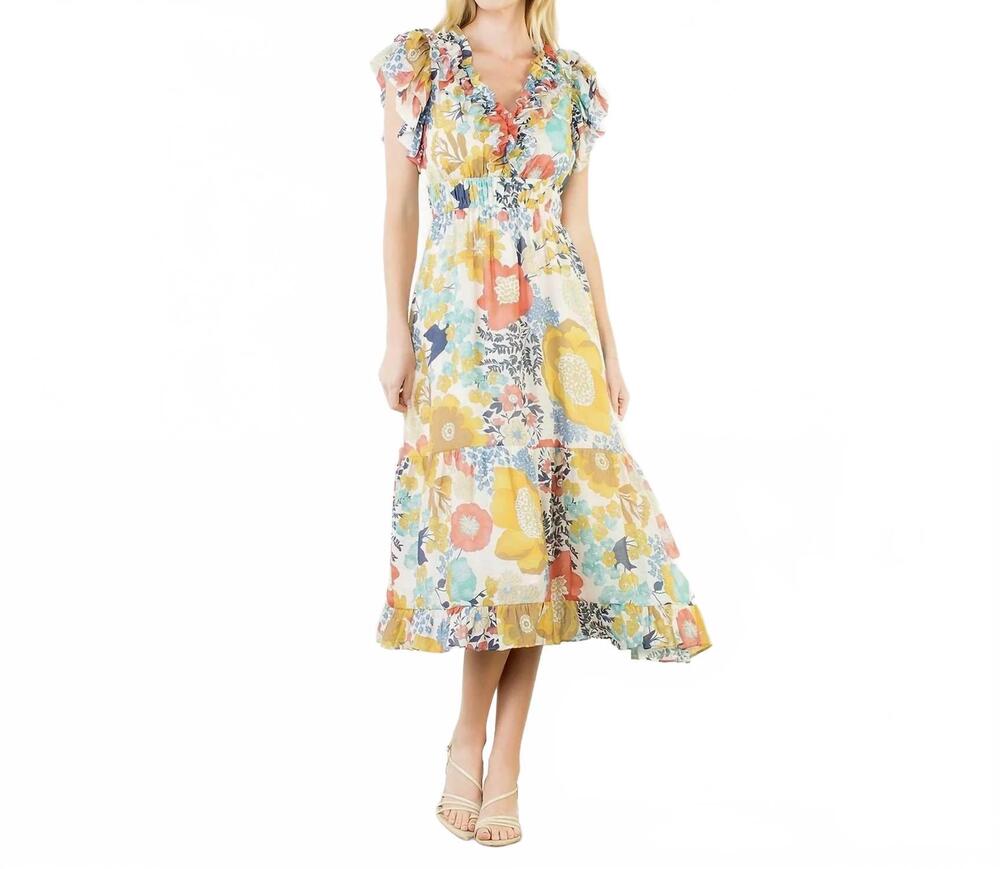 NEW THML flutter sleeve floral dress in yellow multi